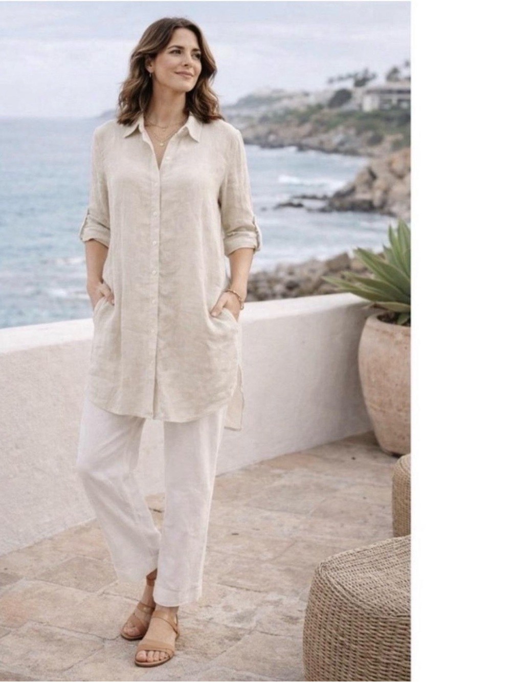 Tahari Cream Linen Button-Front Long Sleeve Tunic size large